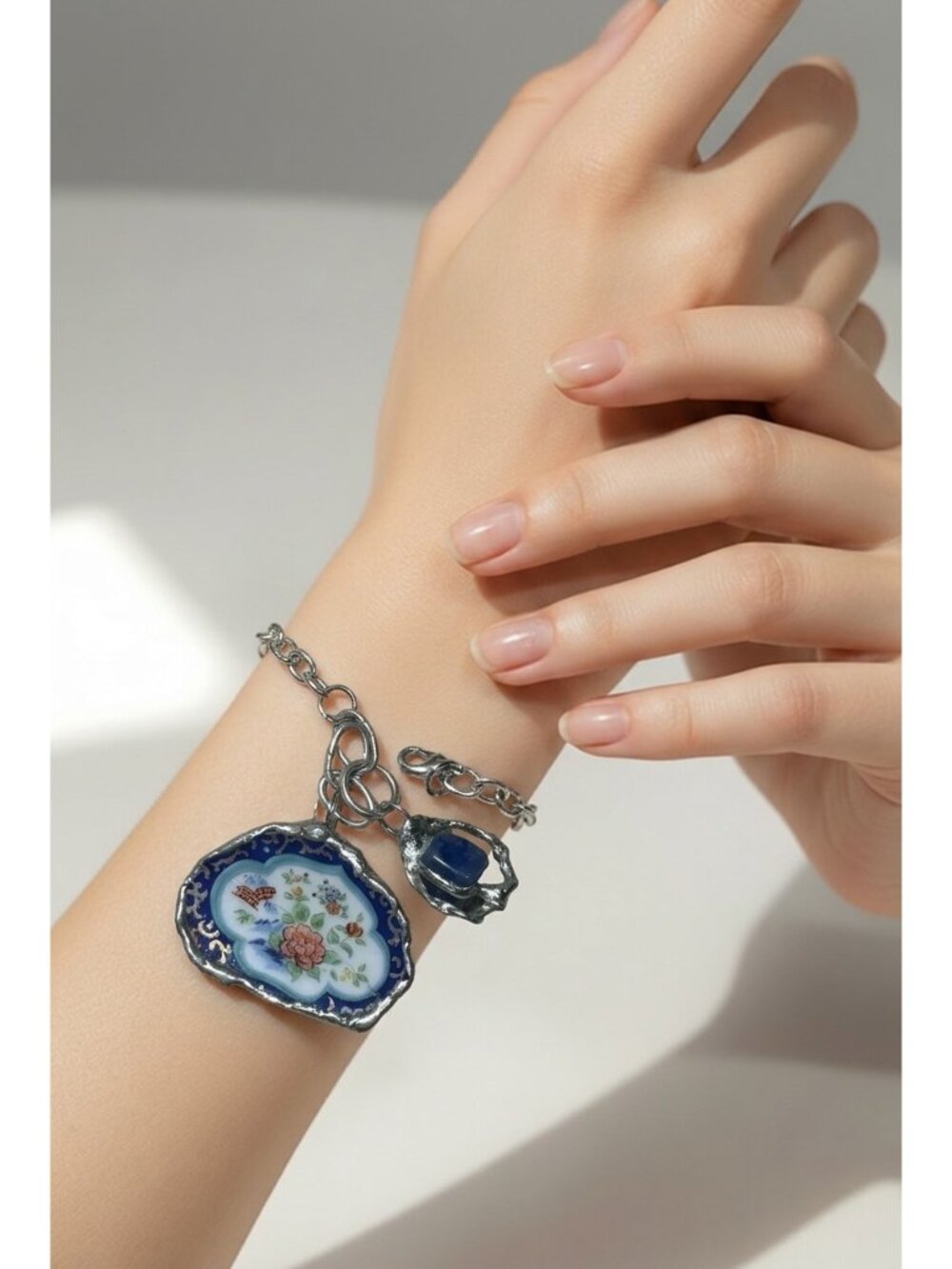 Japanese Fine Bone China Bracelet | Asian Village & Lotus Flower Sodalite Charm - Picture 5 of 16